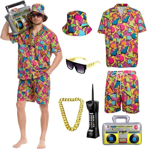 80s 90s Outfit for Men Hip Hop Shirts and Shorts Set, 80s Themed Party Outfits Set,Vintage Theme Party in Kuwait