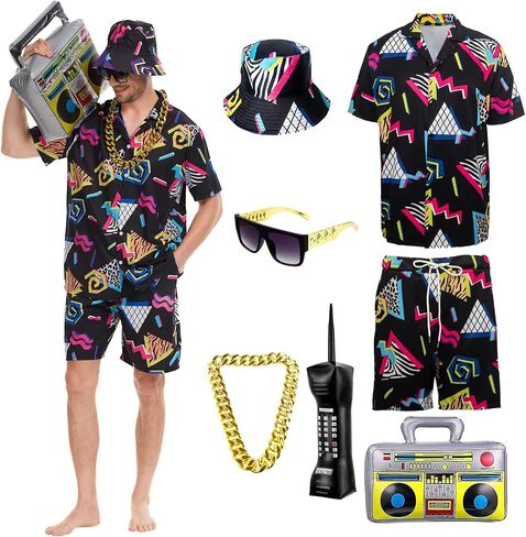 80s 90s Outfit for Men Hip Hop Shirts and Shorts Set, 80s Themed Party Outfits Set,Vintage Theme Party in Kuwait