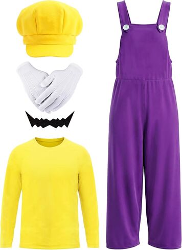 5Pcs Purple Overalls Costume Set with Yellow Top,Mustache Hat for Kids Halloween Party Cosplay in Kuwait