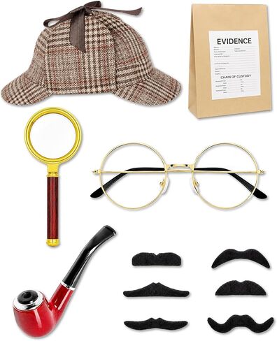 Detective Costume Accessories Set for Adults,Sherlock Holmes Kit,Deerstalker Hat,5X Magnifying Glass,Resin Pipe,Evidence Bag in Saudi Arabia