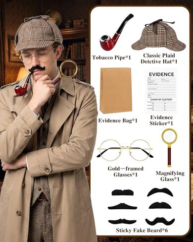 Detective Costume Accessories Set for Adults,Sherlock Holmes Kit,Deerstalker Hat,5X Magnifying Glass,Resin Pipe,Evidence Bag in Saudi Arabia