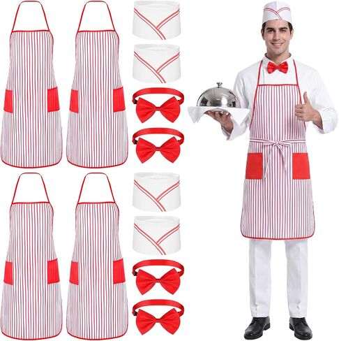 12 Pcs Red Adult Apron Chef 1950s Waiter Costume Set Kit Carnival Costume Soda Jerk Hat Bow Tie Unisex Retro Diner Party in Kuwait