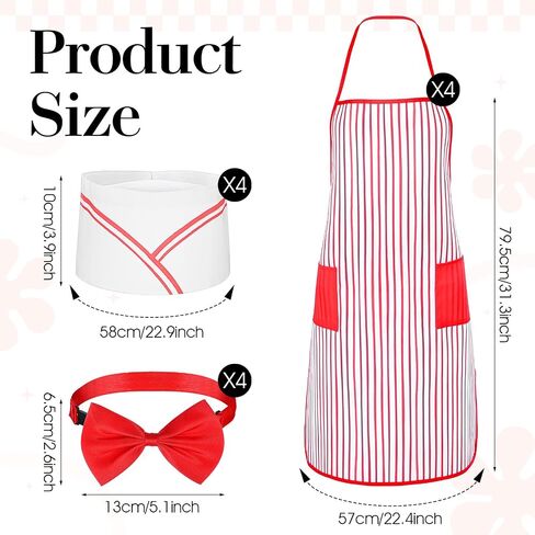 12 Pcs Red Adult Apron Chef 1950s Waiter Costume Set Kit Carnival Costume Soda Jerk Hat Bow Tie Unisex Retro Diner Party in Kuwait