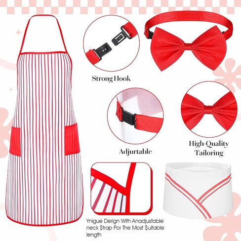 12 Pcs Red Adult Apron Chef 1950s Waiter Costume Set Kit Carnival Costume Soda Jerk Hat Bow Tie Unisex Retro Diner Party in Kuwait