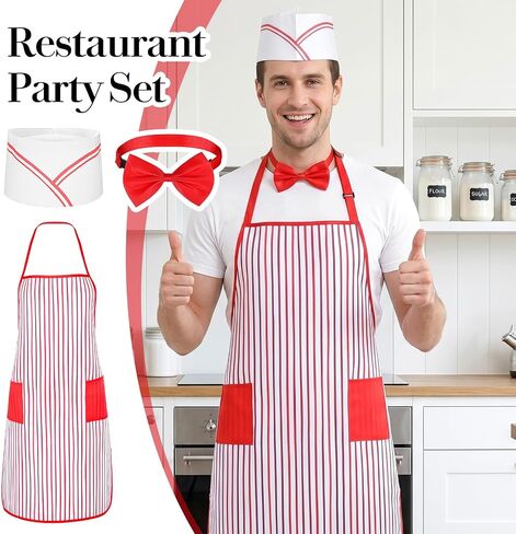 12 Pcs Red Adult Apron Chef 1950s Waiter Costume Set Kit Carnival Costume Soda Jerk Hat Bow Tie Unisex Retro Diner Party in Kuwait