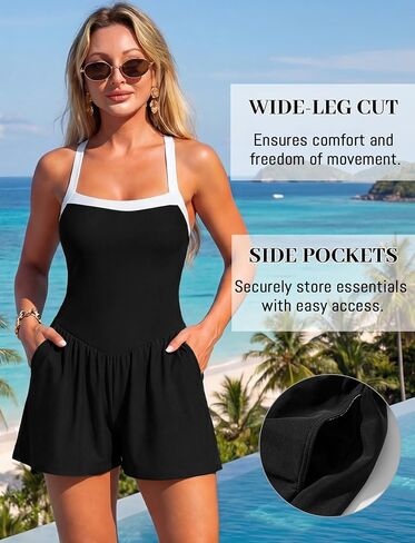 SEAUR Swim Rompers for Women with Built in Bra and Pockets Color-Block Modest Bathing Suit Resort Wear in Kuwait
