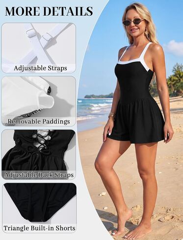 SEAUR Swim Rompers for Women with Built in Bra and Pockets Color-Block Modest Bathing Suit Resort Wear in Kuwait