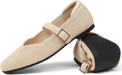 CELNEPHO Flats for Women Mary Jane Shoes Casual Ballet Knit Flats Square Toe with Ankle Strap Dressy Comfortable Office Shoes in Saudi Arabia
