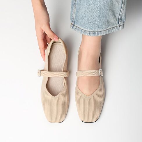 CELNEPHO Flats for Women Mary Jane Shoes Casual Ballet Knit Flats Square Toe with Ankle Strap Dressy Comfortable Office Shoes in Saudi Arabia