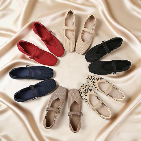CELNEPHO Flats for Women Mary Jane Shoes Casual Ballet Knit Flats Square Toe with Ankle Strap Dressy Comfortable Office Shoes in Saudi Arabia