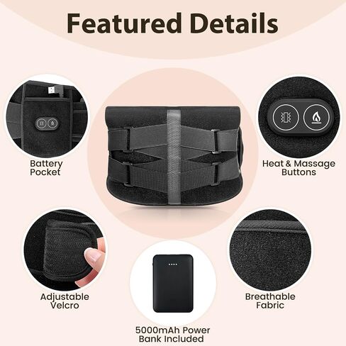 Cordless Heat Pads with Massage for Back Pain Relief, Portable Heated Belt for Lower Back with 3 Heat Levels & 3 Vibration Modes, 5000mAh Rechargeable Heated Back Support with Adjustable Strap in Saudi Arabia