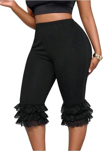 GORGLITTER Women's Plus Size Lace Lace Capri Leggings Tiered Ruffle Pants Summer Half Slips Sheer Mesh Cropped Pants in Kuwait