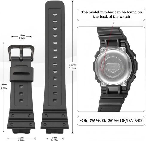 سوار ساعة بديل من الراتنج الأسود متوافق مع Casio G-Shock DW5600UE-1V DW-5600BB-1CR DW-5600UBB-1ER DW5600RL-1 - حزام قابل للتعديل للرجال in Kuwait