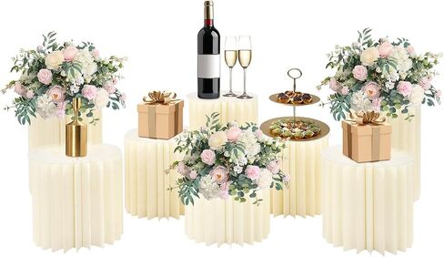 8Pcs Cylinder Pedestal Stands, Foldable Cardboard Centerpiece Display Flower Vases with Clear Panels for Party Wedding Decoration, H7.9in+H11.8in+H15.8in, Milky White in Saudi Arabia