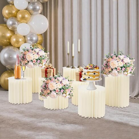 8Pcs Cylinder Pedestal Stands, Foldable Cardboard Centerpiece Display Flower Vases with Clear Panels for Party Wedding Decoration, H7.9in+H11.8in+H15.8in, Milky White in Saudi Arabia