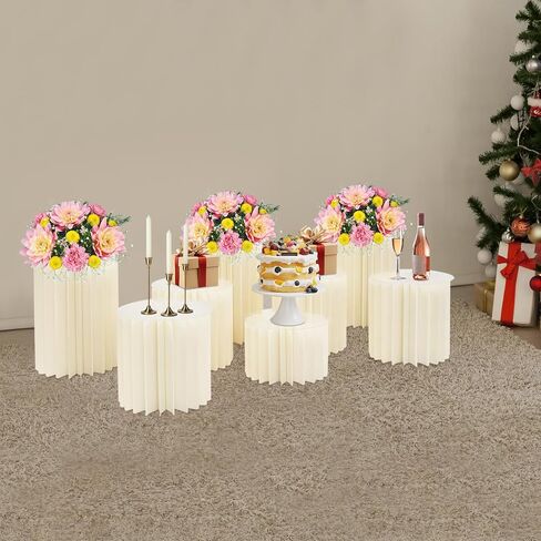 8Pcs Cylinder Pedestal Stands, Foldable Cardboard Centerpiece Display Flower Vases with Clear Panels for Party Wedding Decoration, H7.9in+H11.8in+H15.8in, Milky White in Saudi Arabia