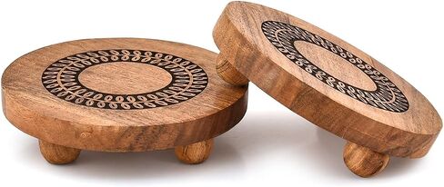 NIRMAN Pedestals Acacia Wood Round Set of 2 with Black Leaf Design Plant Stand, Farmhouse Countertop Organizer, Multi-Purpose Display (6" x 6" x 1.5") in Saudi Arabia