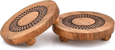 NIRMAN Pedestals Acacia Wood Round Set of 2 with Black Leaf Design Plant Stand, Farmhouse Countertop Organizer, Multi-Purpose Display (6" x 6" x 1.5") in Saudi Arabia