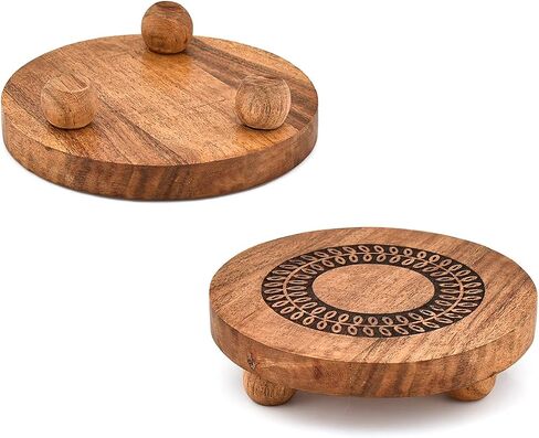 NIRMAN Pedestals Acacia Wood Round Set of 2 with Black Leaf Design Plant Stand, Farmhouse Countertop Organizer, Multi-Purpose Display (6" x 6" x 1.5") in Saudi Arabia