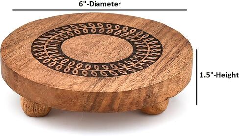 NIRMAN Pedestals Acacia Wood Round Set of 2 with Black Leaf Design Plant Stand, Farmhouse Countertop Organizer, Multi-Purpose Display (6" x 6" x 1.5") in Saudi Arabia