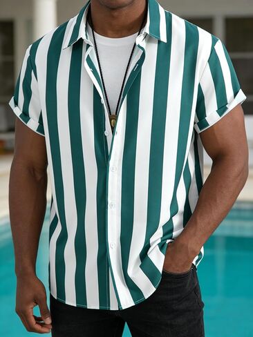 Men's Woven Printed Striped Short Sleeve Shirt Casual Breathable Lightweight Summer Outdoor Daily Business Streetwear Tops in Kuwait