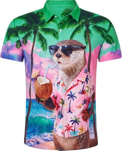 RAISEVERN Mens Hawaiian Shirt Button Down Funny Animal Short Sleeve Summer Beach Dress Shirt in Saudi Arabia