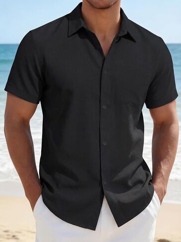 Men's Short Sleeve Shirts Button Down Casual Summer Beach Vacation Hawaiian Shirts with Pocket in Kuwait