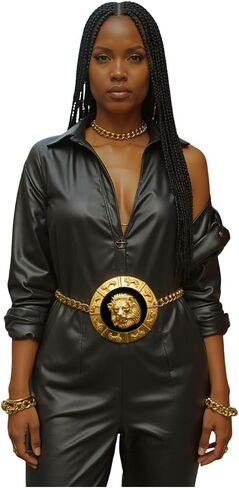 Women’s Gold Metal Chain Belt with Big Lion Medallion Buckle – Adjustable Hip High Waist Fashion Statement Belt for Night Out, Clubbing, Streetwear, Special Events (M L XL) in Kuwait