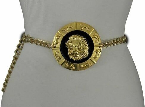 Women’s Gold Metal Chain Belt with Big Lion Medallion Buckle – Adjustable Hip High Waist Fashion Statement Belt for Night Out, Clubbing, Streetwear, Special Events (M L XL) in Kuwait