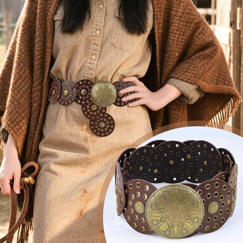 puwuto Western Disc Belts for woman - PU Leather Plus Size Boho belt for Women Cowgirl Cowboy Jeans Dress Up Brown in Saudi Arabia