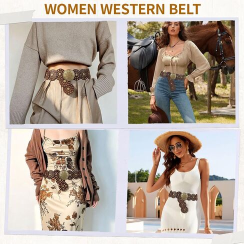 puwuto Western Disc Belts for woman - PU Leather Plus Size Boho belt for Women Cowgirl Cowboy Jeans Dress Up Brown in Saudi Arabia