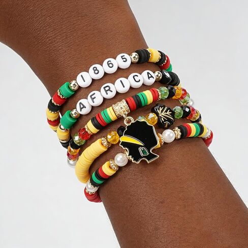 Black History Month Bracelets for Women Men African jewelry for women Juneteenth 1865 Stretch Bracelet with African Map Charms, Red Green Yellow Black History Outfits for Pride Party, Festival in Kuwait