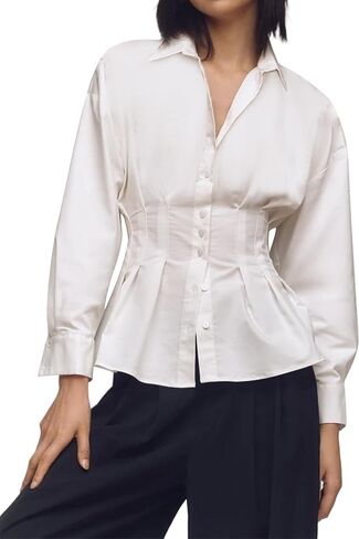 Dsewpaur Women Striped Button Pleated Shirts Short Sleeve Summer Casual Peplum Blouse in Saudi Arabia