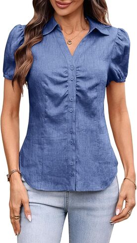 Women's 100% Linen Shirt Button Down Collared Puff Sleeve Ruched Blouses 2026 Summer Trendy Vintage Tops in Saudi Arabia