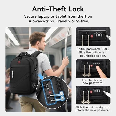 CROSSGEAR 30L Laptop Travel Backpack for Men, 17.3 Inch Laptop Backpack with Anti-theft Lock, Water Resistant Backpack with USB Charging Port, Large Laptop Bag Backpack for Work School Travel, Black in Saudi Arabia