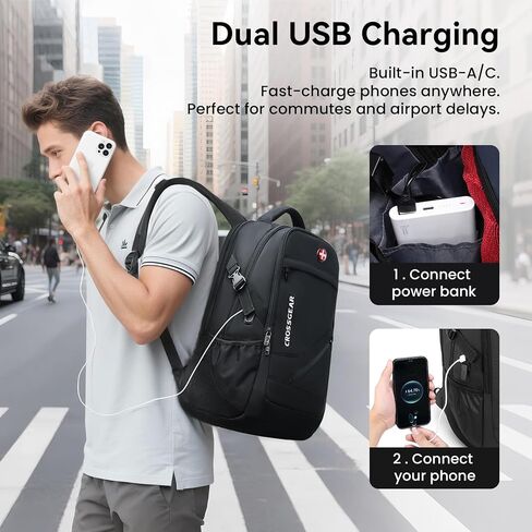 CROSSGEAR 30L Laptop Travel Backpack for Men, 17.3 Inch Laptop Backpack with Anti-theft Lock, Water Resistant Backpack with USB Charging Port, Large Laptop Bag Backpack for Work School Travel, Black in Saudi Arabia