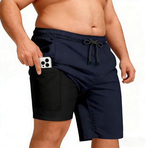 Big and Tall Men's Trunks with Compression Liner Quick Dry Bathing Suit Summer Beach Shorts, Navy-Black 7XL in Saudi Arabia
