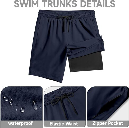Big and Tall Men's Trunks with Compression Liner Quick Dry Bathing Suit Summer Beach Shorts, Navy-Black 7XL in Saudi Arabia