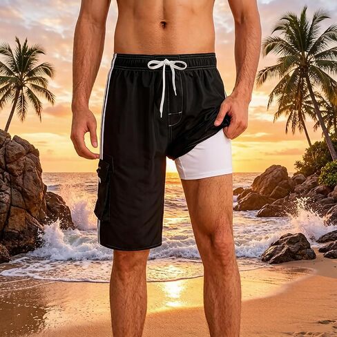 Men's Swim Trunks Quick Dry Knee Length Board Shorts Bathing Suit Cargo Pockets with Compression Liner in Kuwait