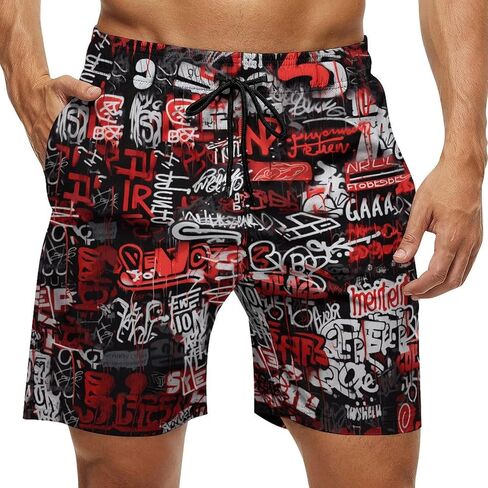 Mens Vintage Graffiti Swim Trunks Swim Shorts Quick Dry Inseam Beach Shorts with Compression Liner and Pocket,Red,M, Medium in Saudi Arabia