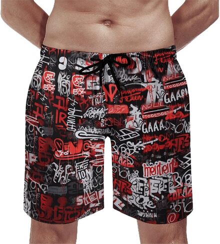 Mens Vintage Graffiti Swim Trunks Swim Shorts Quick Dry Inseam Beach Shorts with Compression Liner and Pocket,Red,M, Medium in Saudi Arabia