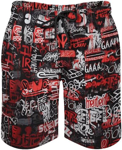 Mens Vintage Graffiti Swim Trunks Swim Shorts Quick Dry Inseam Beach Shorts with Compression Liner and Pocket,Red,M, Medium in Saudi Arabia