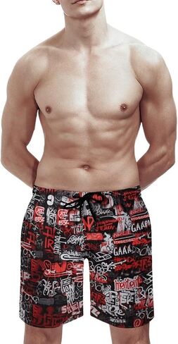 Mens Vintage Graffiti Swim Trunks Swim Shorts Quick Dry Inseam Beach Shorts with Compression Liner and Pocket,Red,M, Medium in Saudi Arabia