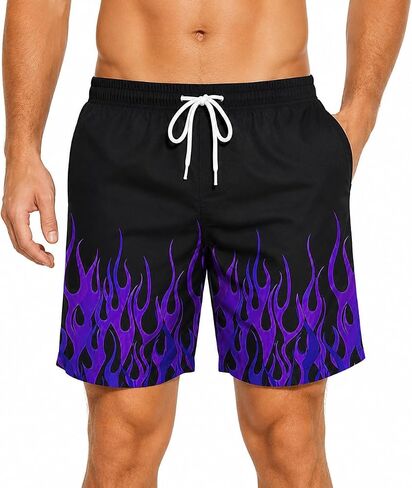 Men Trendy Drawstring Quick Dry Swim Trunks with Pockets Casual Flame Print Beach Bathing Suits in Kuwait