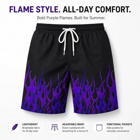 Men Trendy Drawstring Quick Dry Swim Trunks with Pockets Casual Flame Print Beach Bathing Suits in Kuwait
