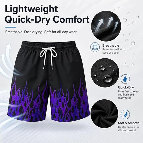 Men Trendy Drawstring Quick Dry Swim Trunks with Pockets Casual Flame Print Beach Bathing Suits in Kuwait