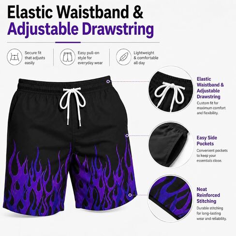 Men Trendy Drawstring Quick Dry Swim Trunks with Pockets Casual Flame Print Beach Bathing Suits in Kuwait