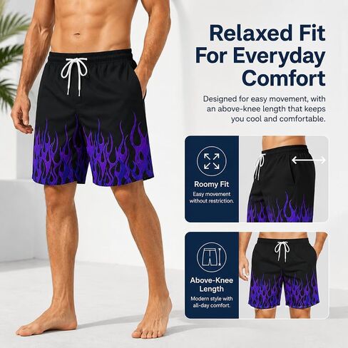 Men Trendy Drawstring Quick Dry Swim Trunks with Pockets Casual Flame Print Beach Bathing Suits in Kuwait