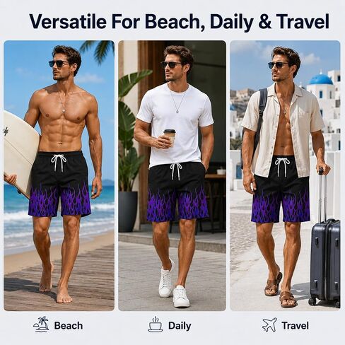 Men Trendy Drawstring Quick Dry Swim Trunks with Pockets Casual Flame Print Beach Bathing Suits in Kuwait