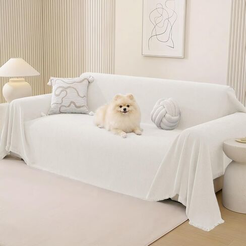 Chenille Couch Cover for Dogs, Boho Sofa Cover Washable Couch Cover, 3 Cushion Sofa Cover, Pet Throw Blankets for Couches with Tassel Furniture Protector Covers,71"×118",Beige White in Saudi Arabia